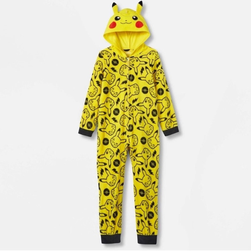 Pikachu Yellow Kids One-Piece Fleece Hoodie Pajamas Size 6/7